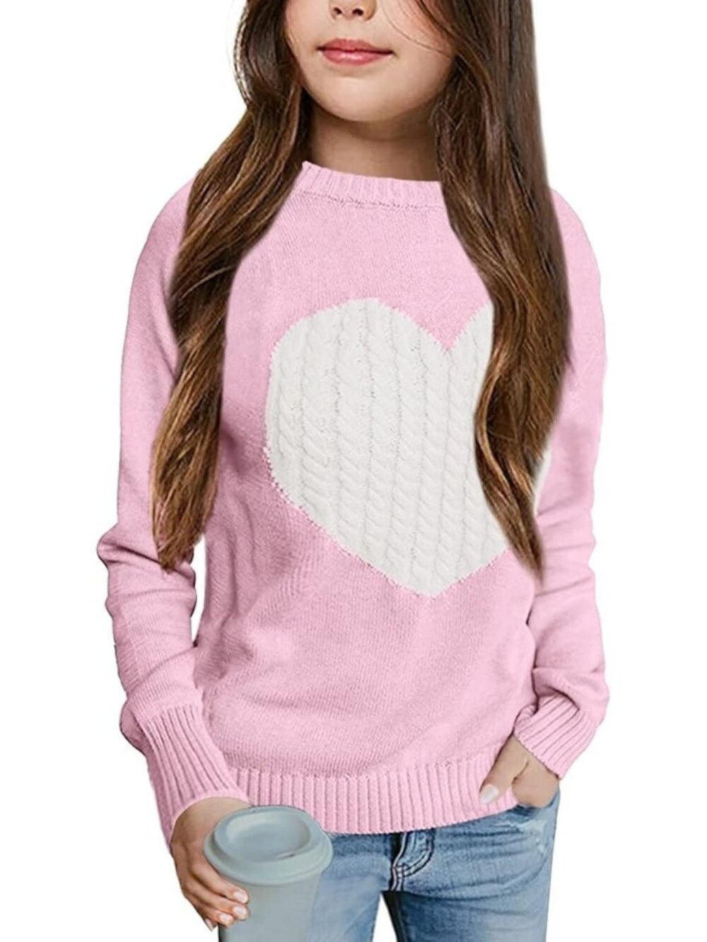 Girls Pink Knit Sweater With White Cable-Knit Heart Design Long Sleeves Ribbed C - Picture 2 of 4